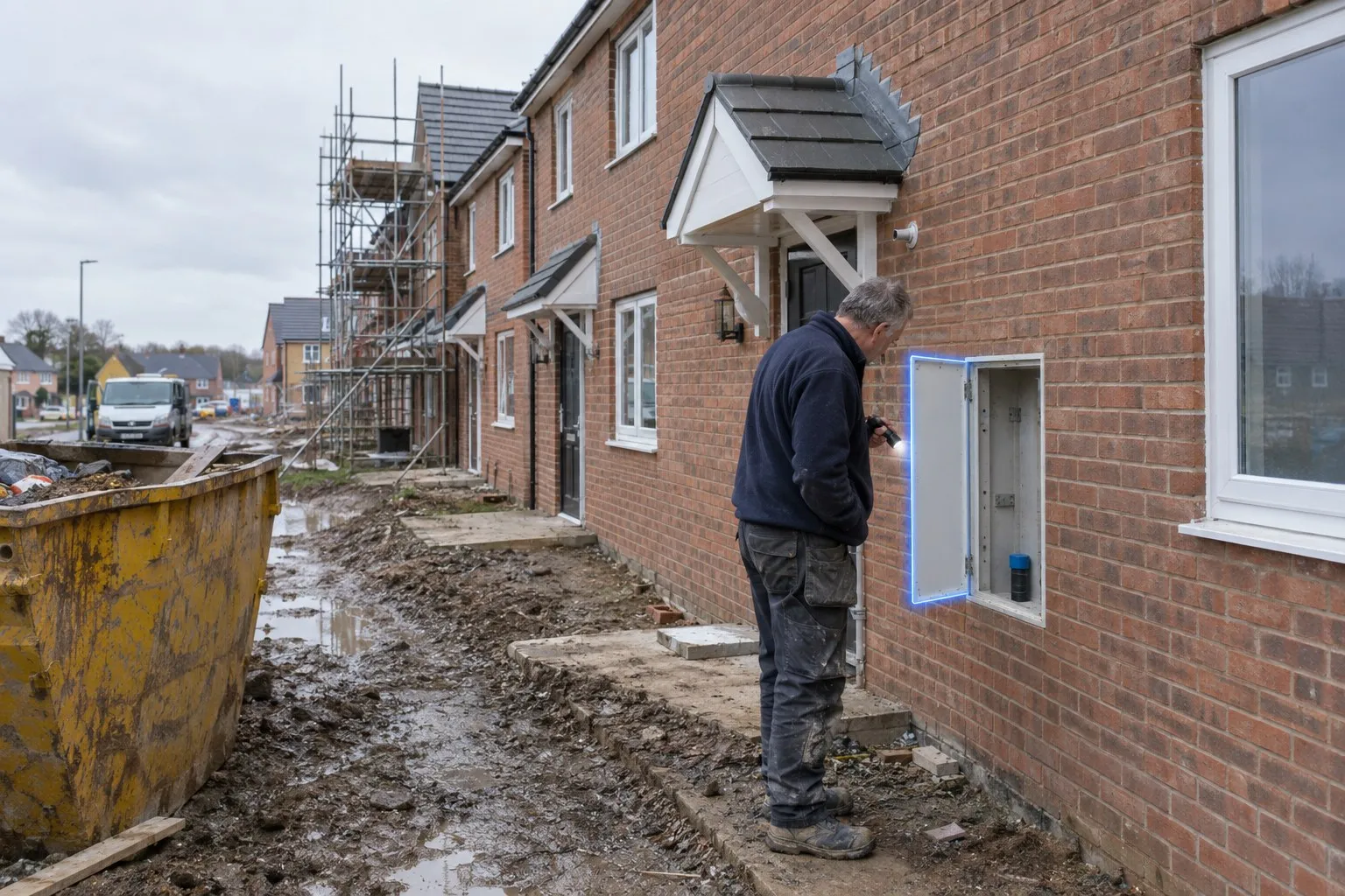 Grid connection waiting: an electrician looks at an empty meter cabinet on the outside wall of a finished new-build house, with scaffolding and more houses behind