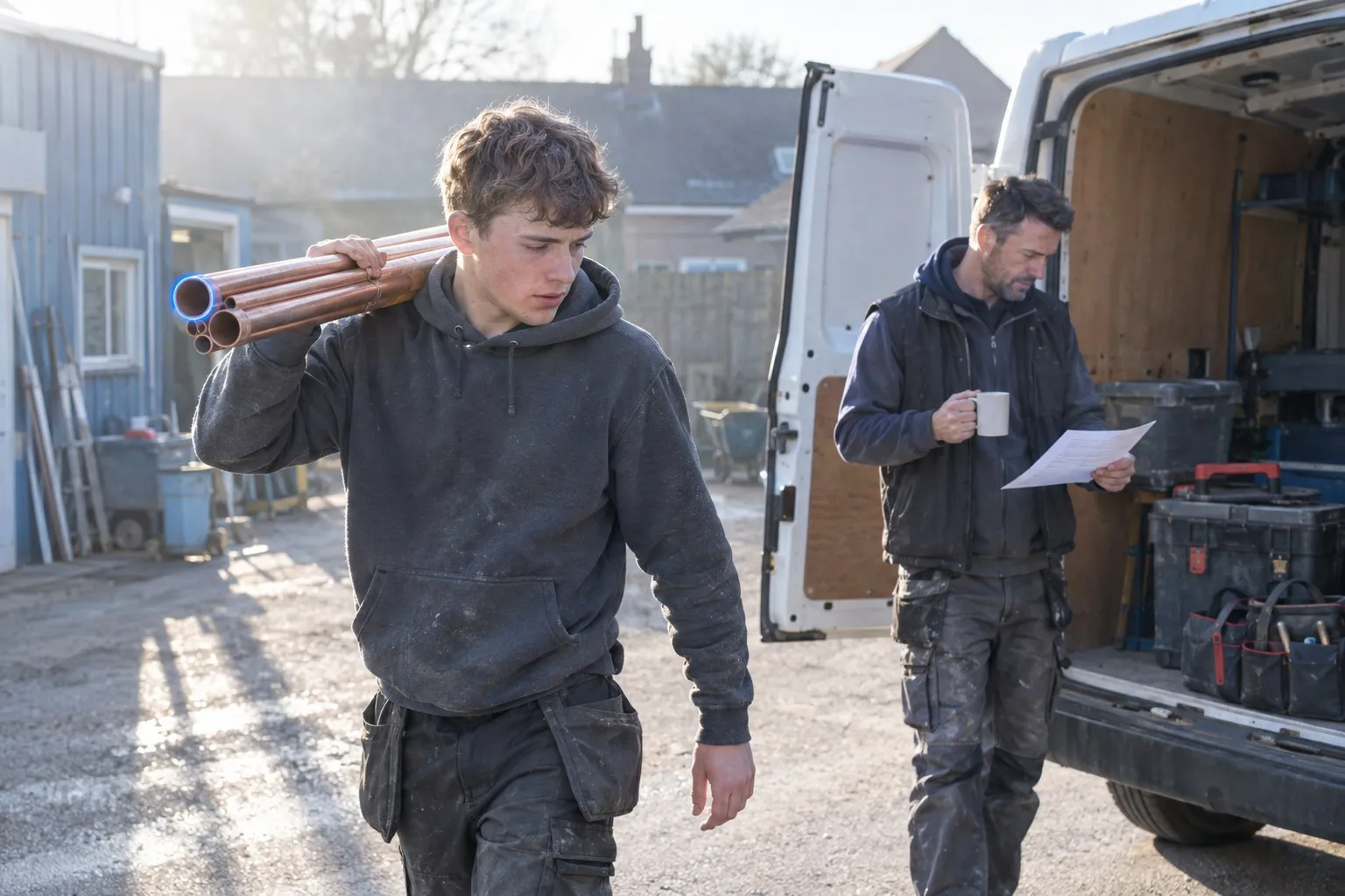 Apprenticeship hiring payment: a young apprentice carries lengths of copper pipe across the yard of a trades firm while the owner reads a job sheet by the open van