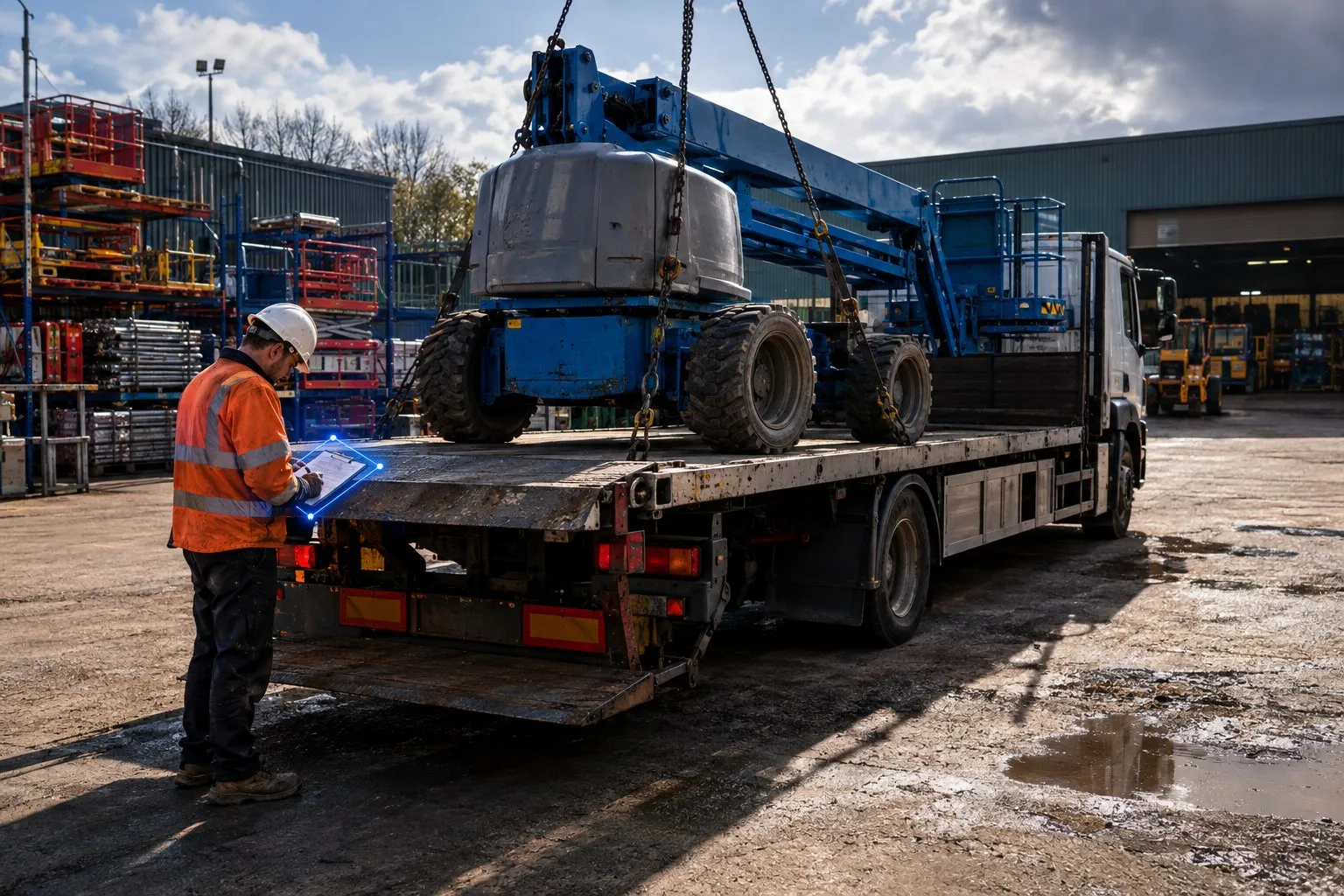 A cherry picker being winched off a flatbed delivery lorry in a UK yard as a worker by the tailgate checks the import paperwork on a clipboard