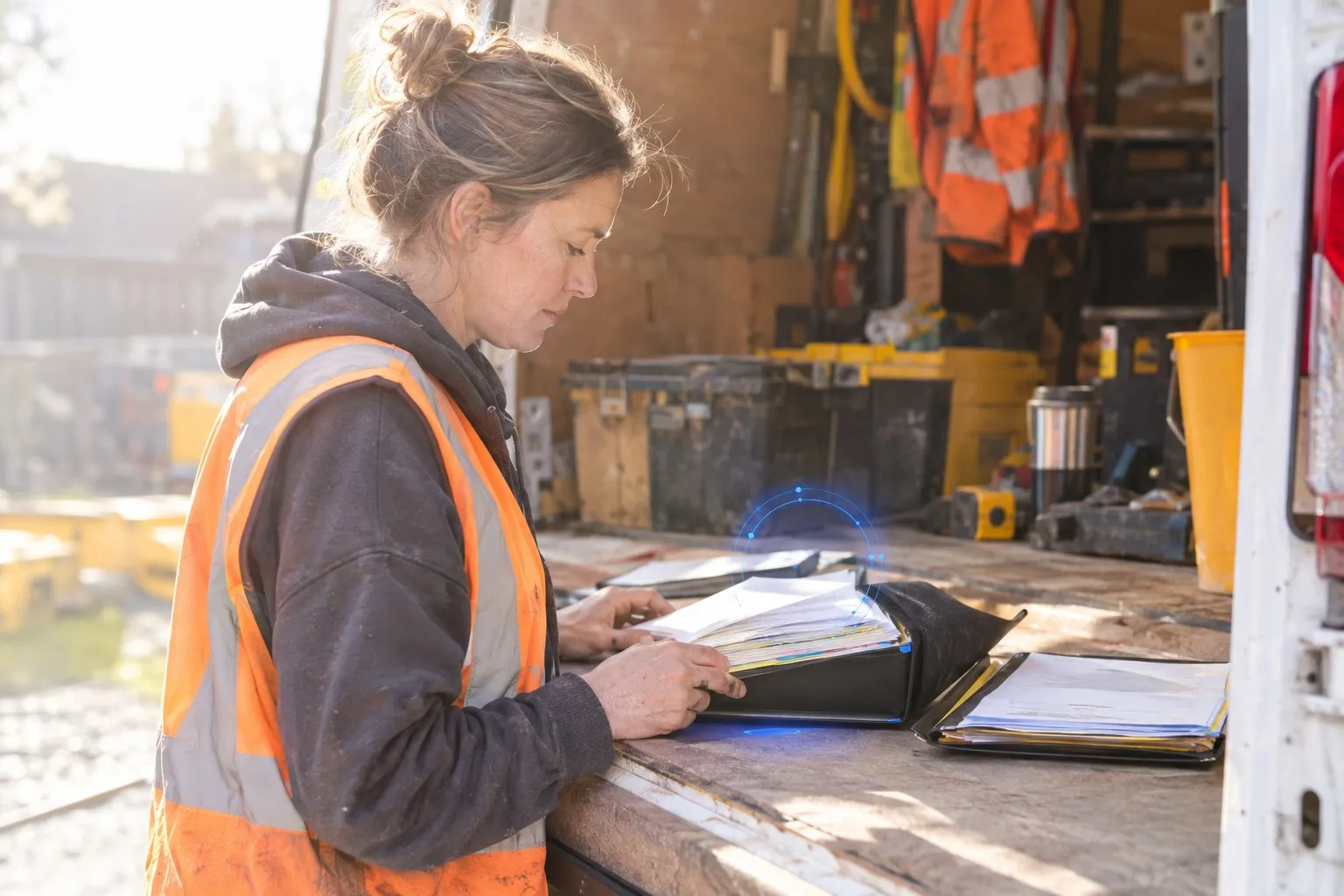 The woman who runs the office of a family trades business with two separate document wallets open side by side at the back of a van The woman who runs the office of a family trades business with two separate document wallets open side by side at the back of a van
