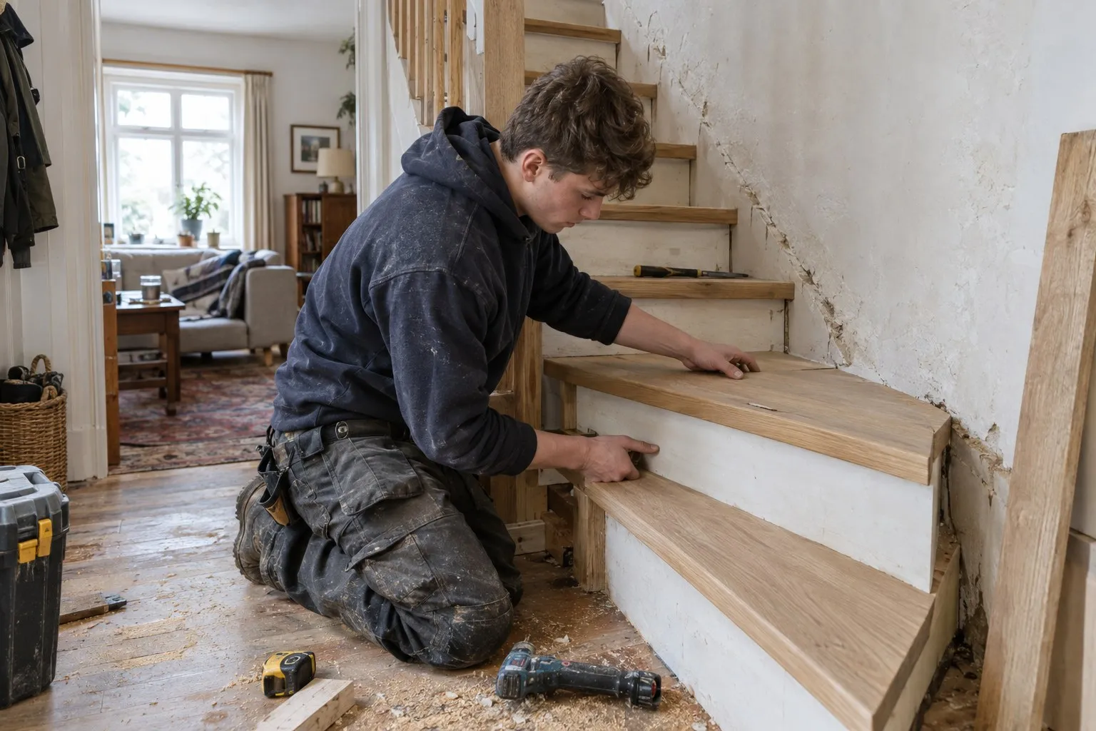 An apprentice fitting a timber staircase inside a lived in house, new treads against an old wall An apprentice fitting a timber staircase inside a lived in house, new treads against an old wall