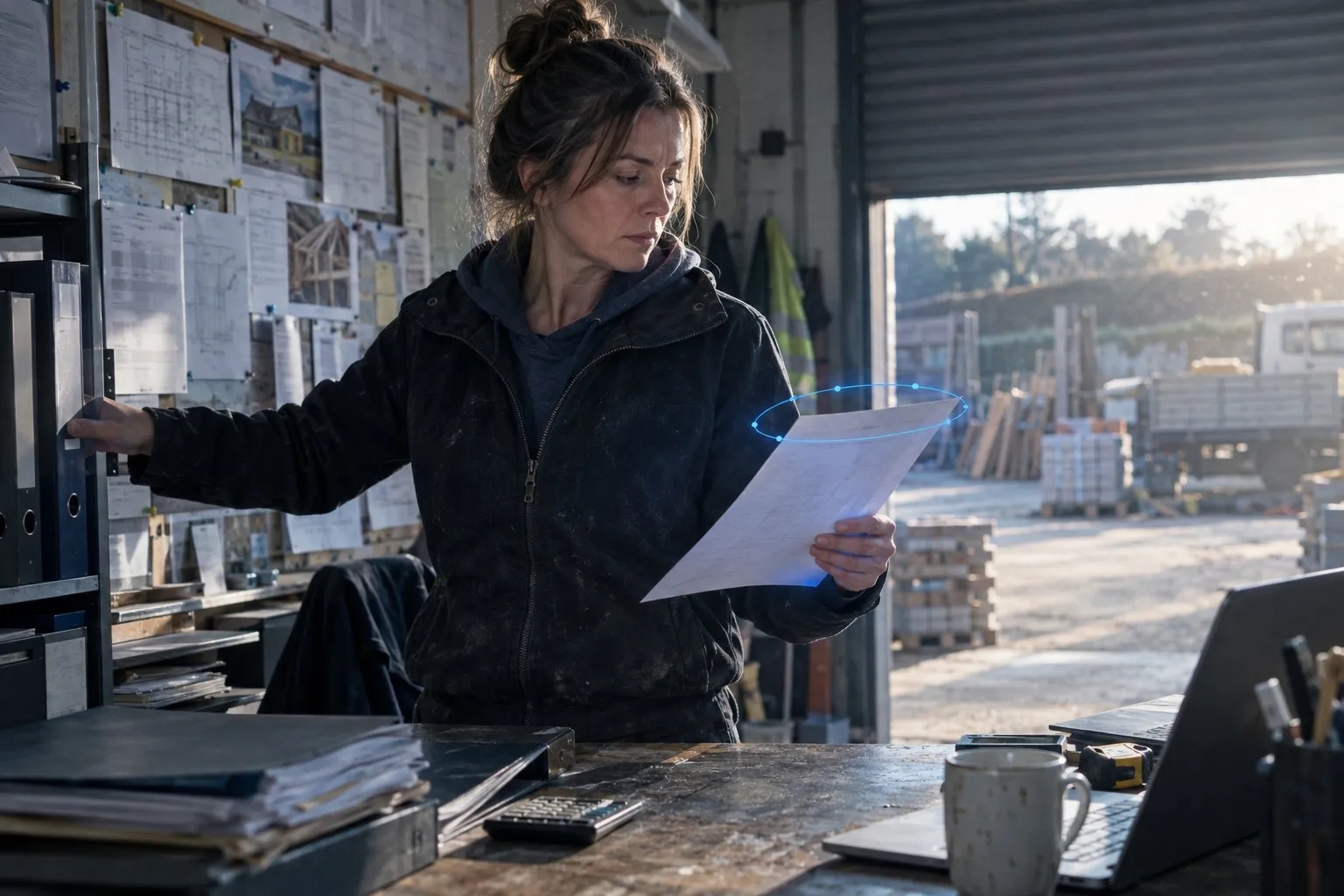 A woman running the office of a small building business reading a single sheet while pulling a file from the shelf, in a converted garage office with the yard outside A woman running the office of a small building business reading a single sheet while pulling a file from the shelf, in a converted garage office with the yard outside