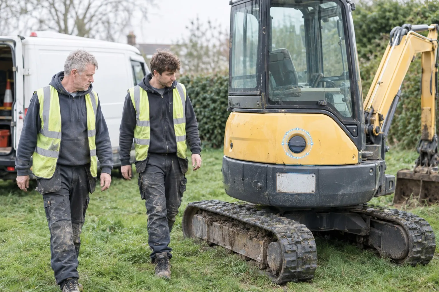 A stationary mini excavator parked on grass beside a works van at the edge of a job, two workers walking past it A stationary mini excavator parked on grass beside a works van at the edge of a job, two workers walking past it
