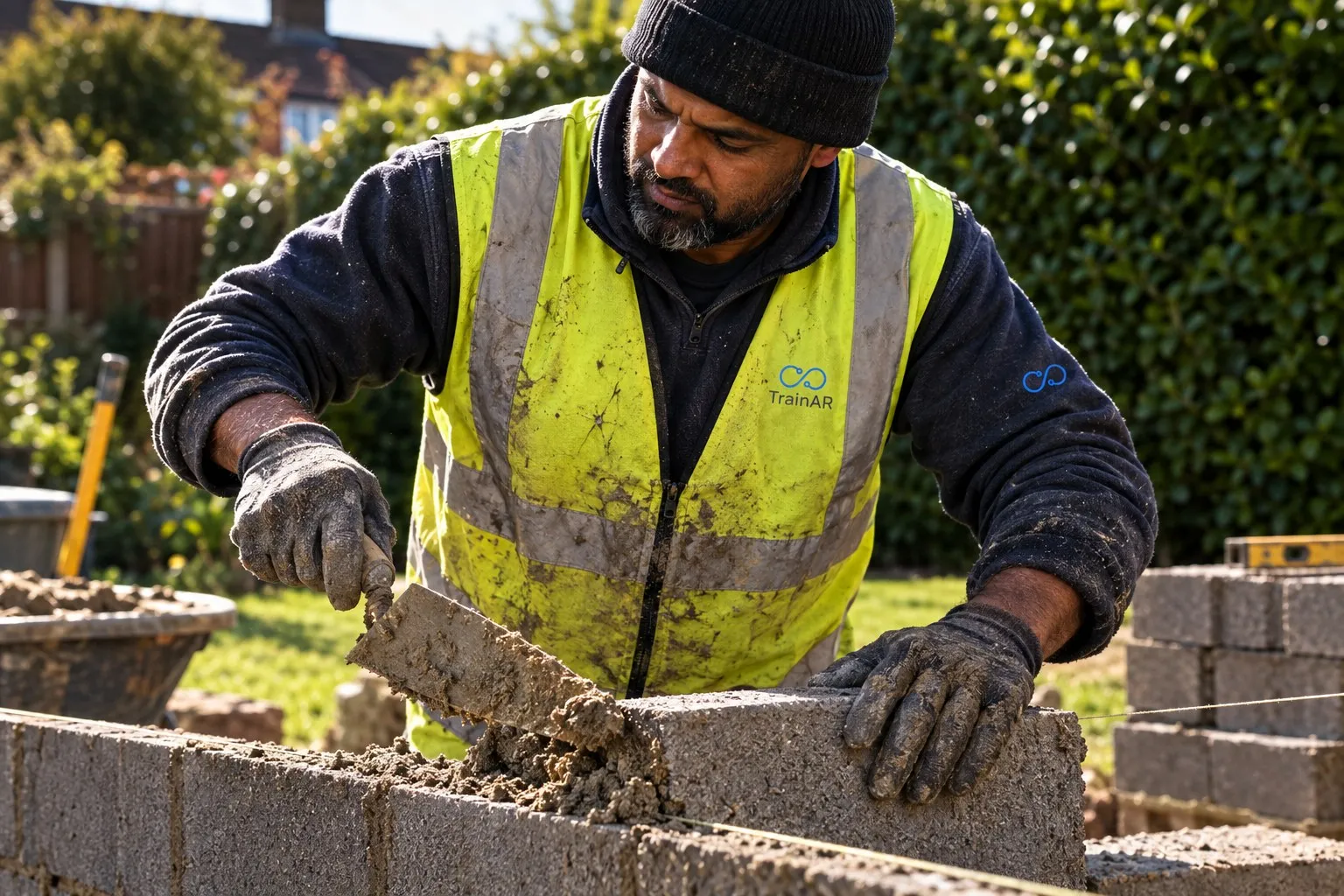 A site supervisor laying blockwork at the back of a house, a finished course already up A site supervisor laying blockwork at the back of a house, a finished course already up