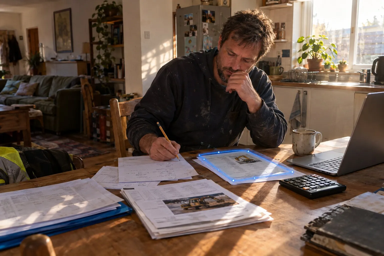 A sole trader at his kitchen table with a subcontractor invoice, a plant hire docket and merchant paperwork spread out A sole trader at his kitchen table with a subcontractor invoice, a plant hire docket and merchant paperwork spread out
