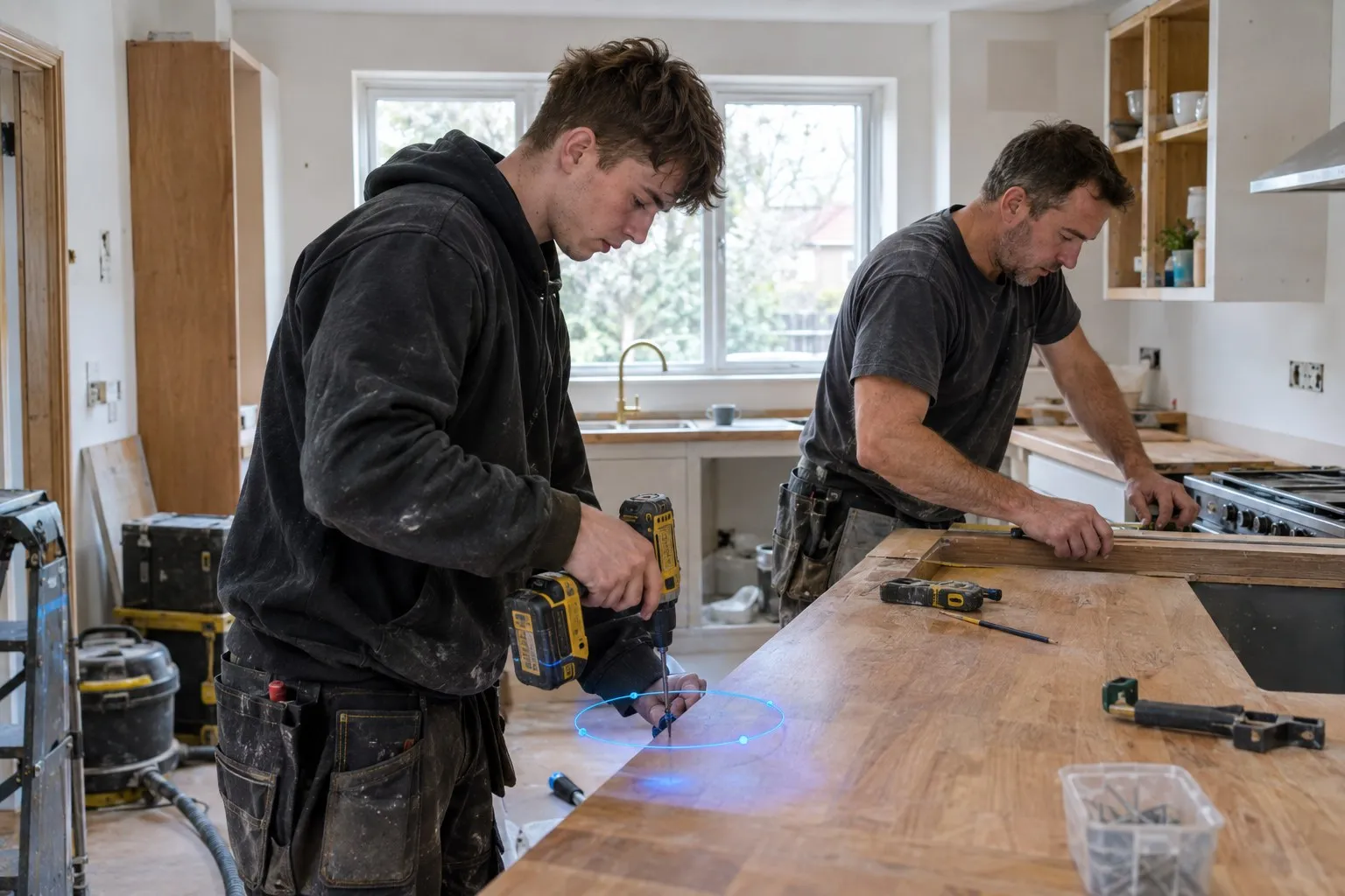 An apprentice and a self employed installer working side by side in a kitchen being fitted out An apprentice and a self employed installer working side by side in a kitchen being fitted out