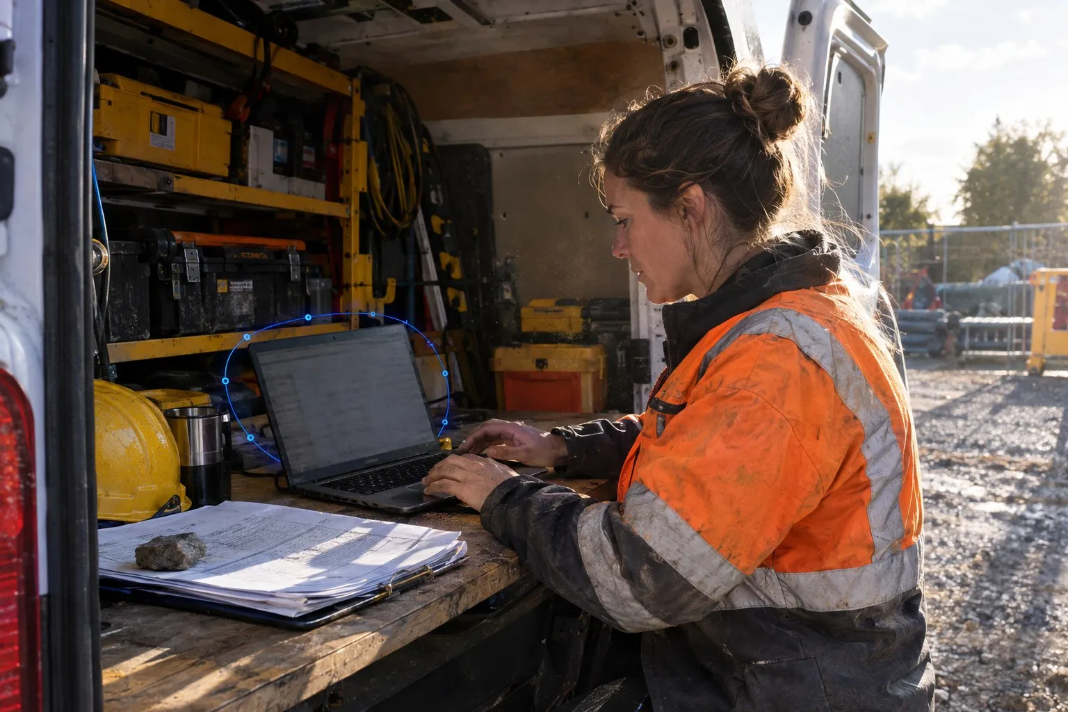 A woman in workwear checking an invoice on a laptop at the back of a van used as a desk, job paperwork weighted down beside it A woman in workwear checking an invoice on a laptop at the back of a van used as a desk, job paperwork weighted down beside it