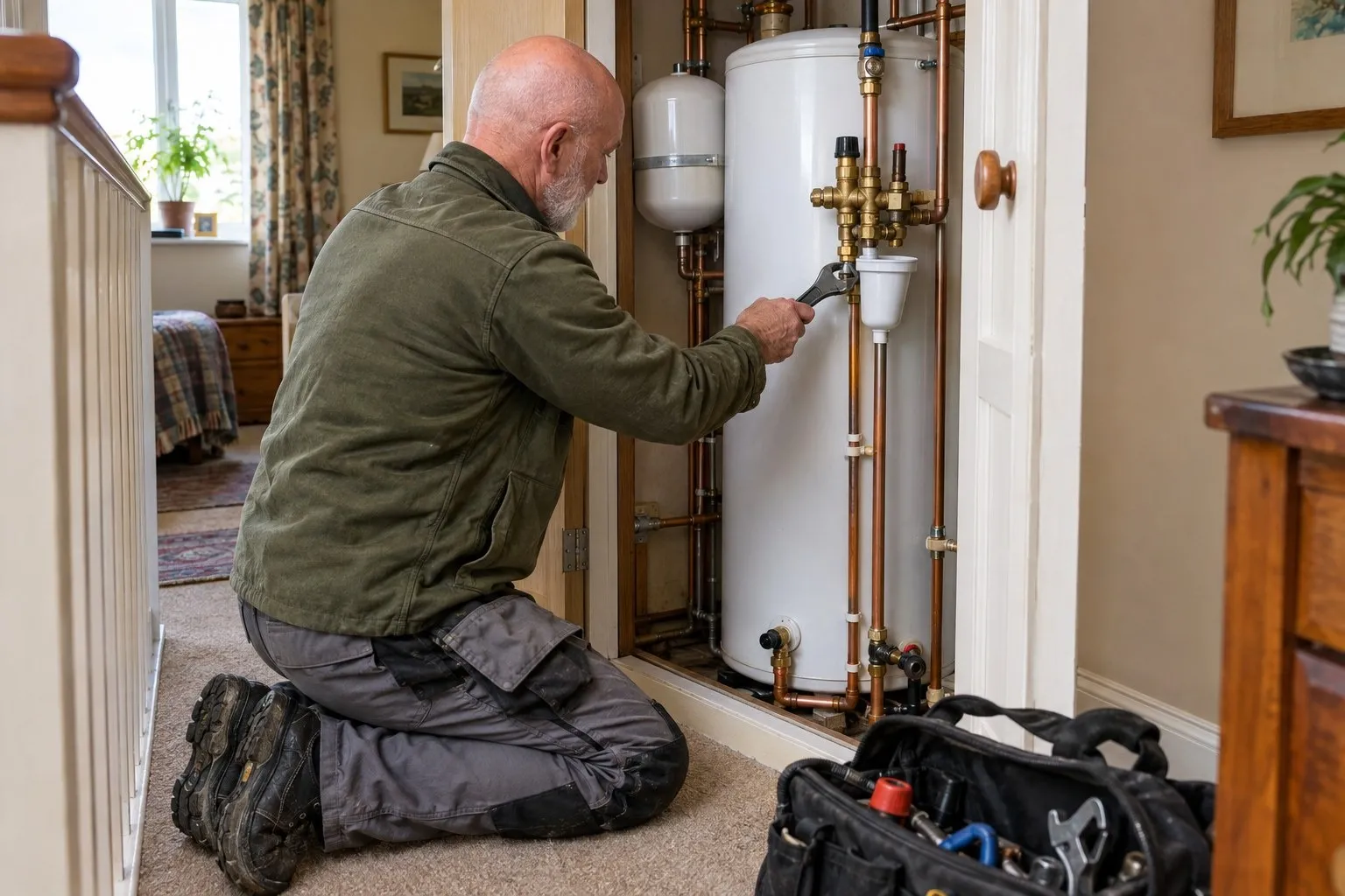 A heating engineer kneeling at an unvented hot water cylinder in an airing cupboard, tightening a fitting below the valve group, beside the tundish A heating engineer kneeling at an unvented hot water cylinder in an airing cupboard, tightening a fitting below the valve group, beside the tundish