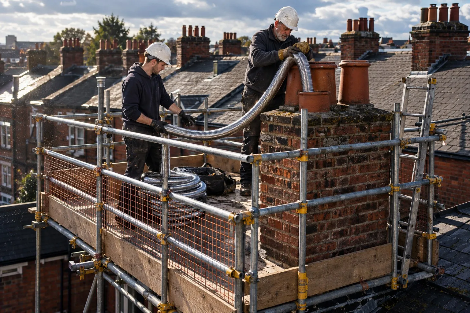 Two heating engineers on a guarded scaffold platform feeding a flexible liner into a chimney pot Two heating engineers on a guarded scaffold platform feeding a flexible liner into a chimney pot