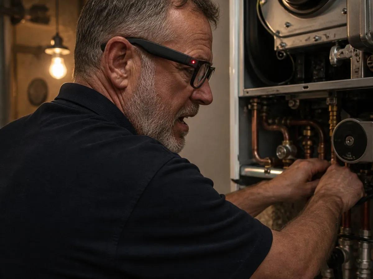 A senior gas engineer working on a boiler, recording the job with his TrainAR glasses