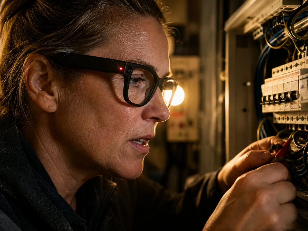 A senior electrician testing terminals in a consumer unit, recording the job with her TrainAR glasses