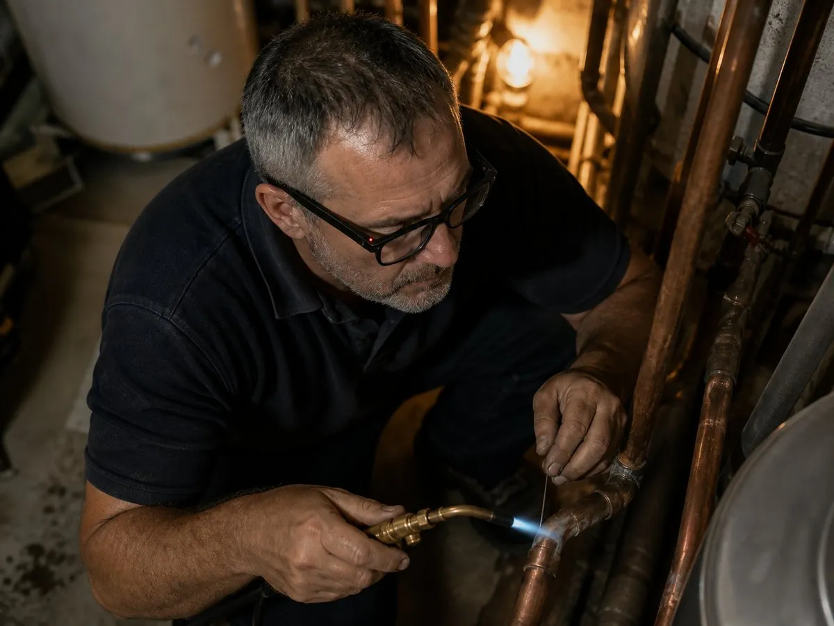 A senior heating engineer soldering a copper joint, recording the job with his TrainAR glasses