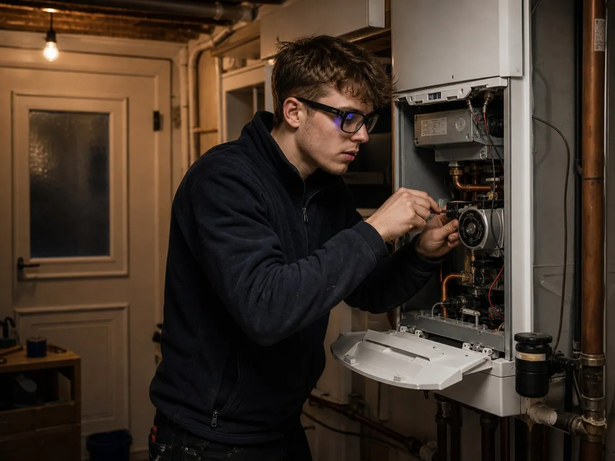 An apprentice working on an open boiler while TrainAR guides him through the step