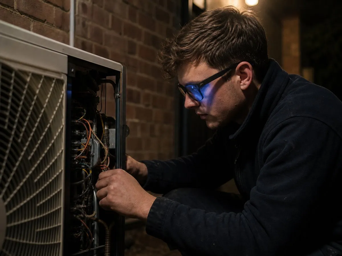 An apprentice electrician at a heat pump, guided through the wiring by TrainAR