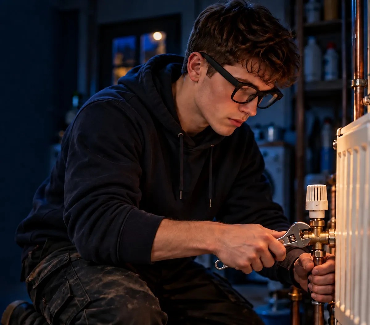 A trainee fixing a radiator valve on his own, wearing smart glasses