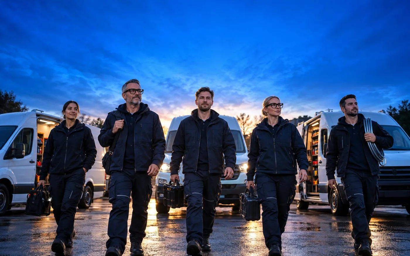 A heating company's team walking out to their vans