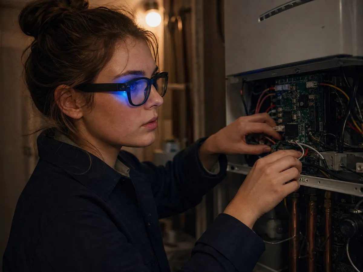 A trainee engineer working on a boiler control board with TrainAR guidance
