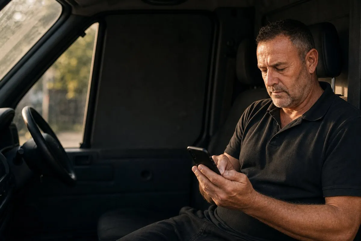 A trades business owner sits in the cab of his van at the end of the day, typing his email into his phone