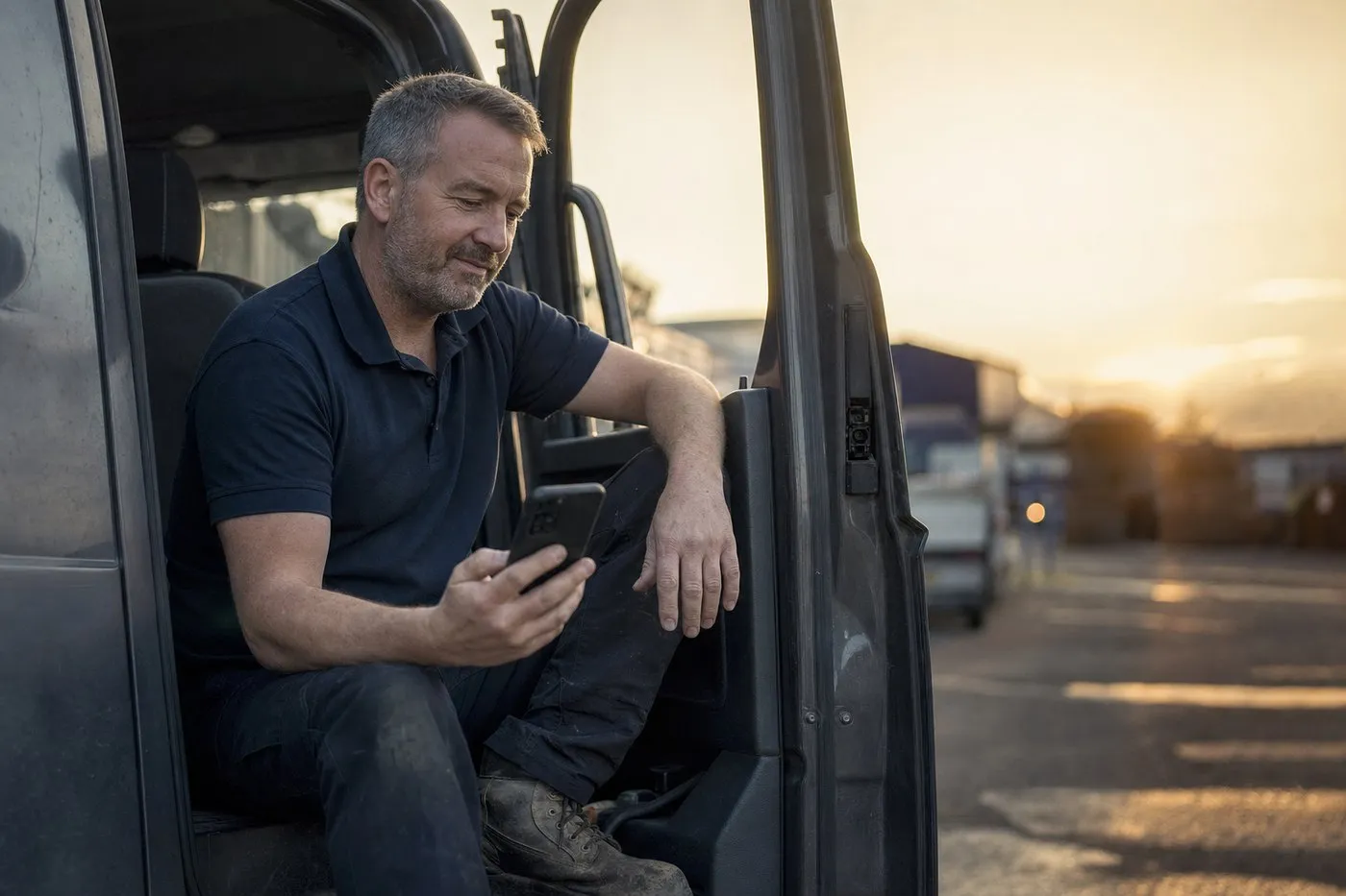 A senior heating engineer sitting in the open door of his van at the end of the day, reading something on his phone