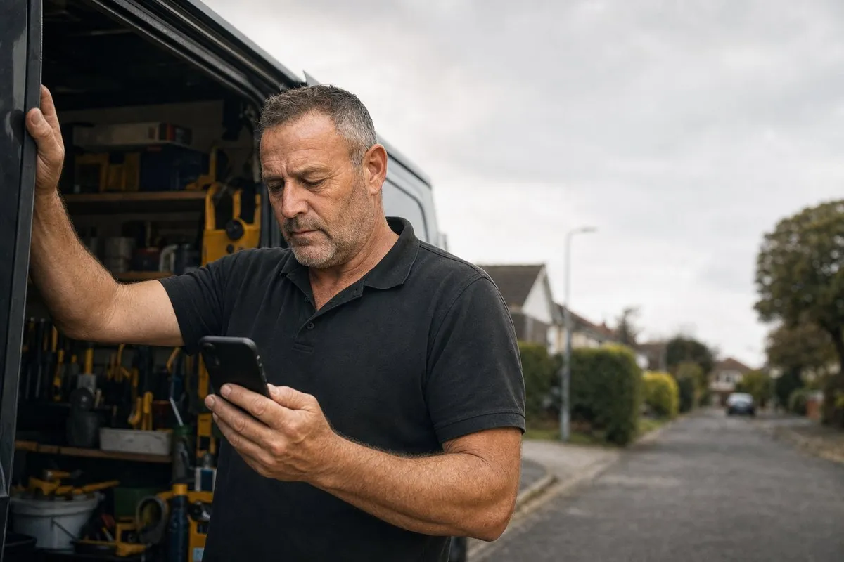 The same owner stands at the open side door of his van, looking at his phone