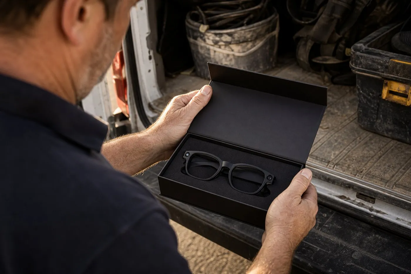 A senior tradesman at the back of his van opening a flat black box with a pair of Mentra Live smart glasses inside