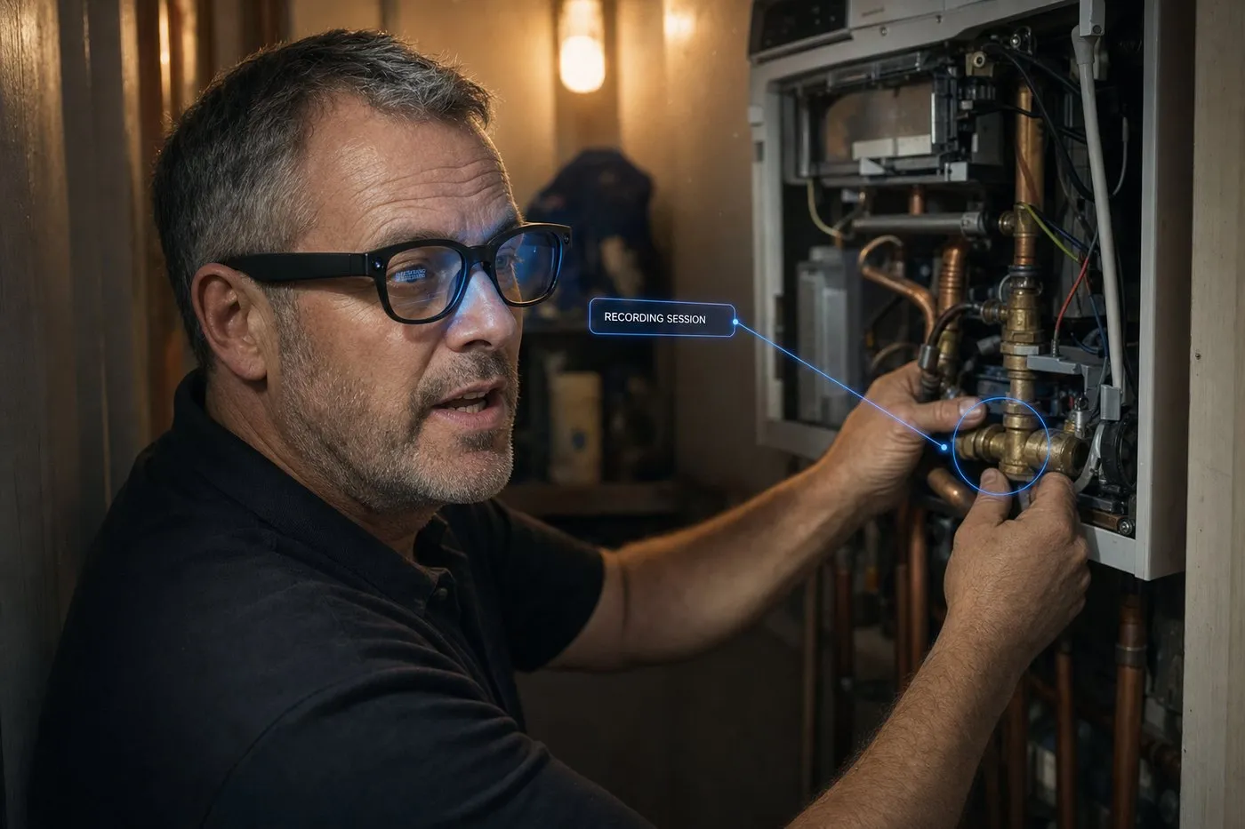 A senior gas engineer wearing smart glasses working on an open combi boiler, with a blue AR panel and ring marking the valve he is holding