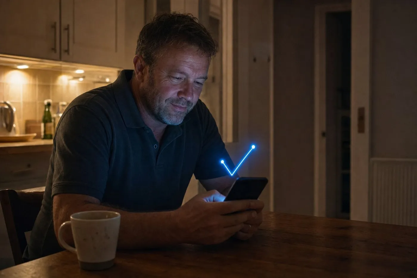 The same tradesman at his kitchen table in the evening, looking at his phone with a blue tick glowing above it