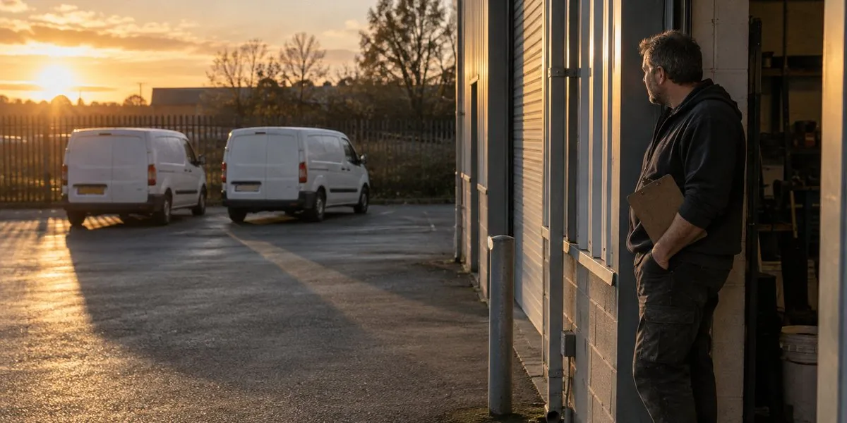A trades business owner standing in the doorway of a small industrial unit at dusk, clipboard in hand, looking out at two work vans on the forecourt