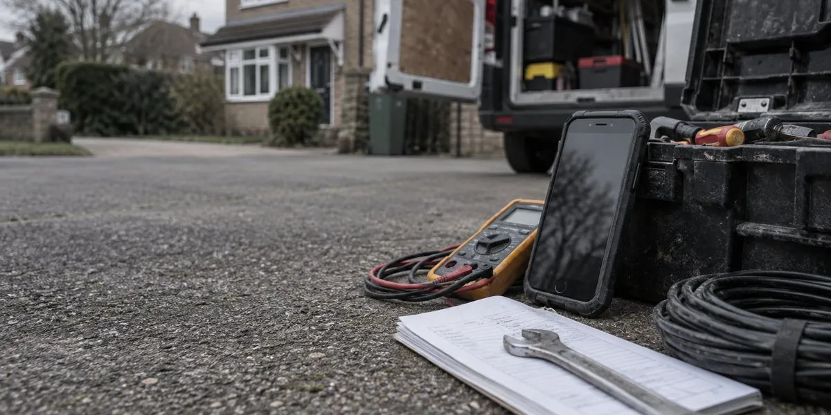A rugged phone propped against an open van toolbox on a driveway, next to a multimeter, a coiled cable and a paper job sheet