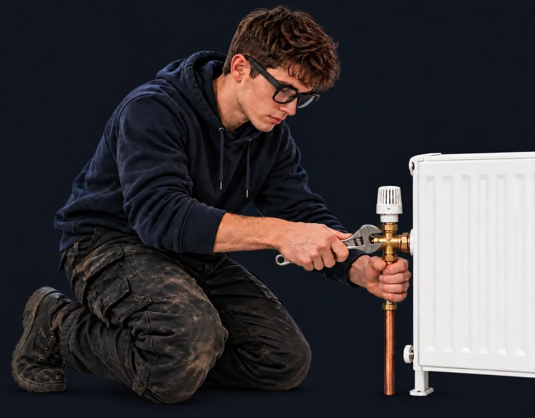 The same new starter wearing TrainAR glasses, fixing a radiator valve while the AI talks him through it