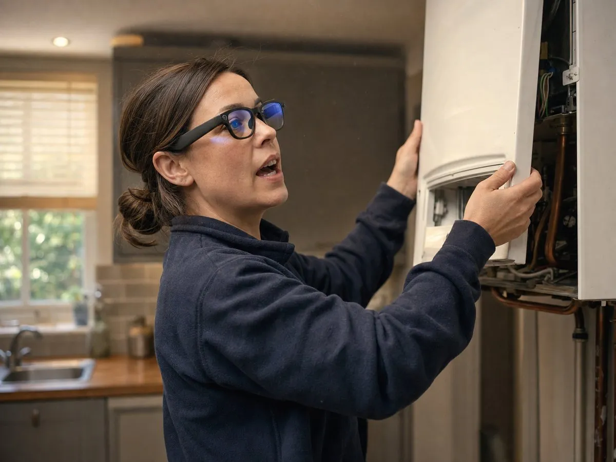 A heating engineer refits the front panel of a boiler with both hands and says out loud, mark this job complete. The job closes in her own system.