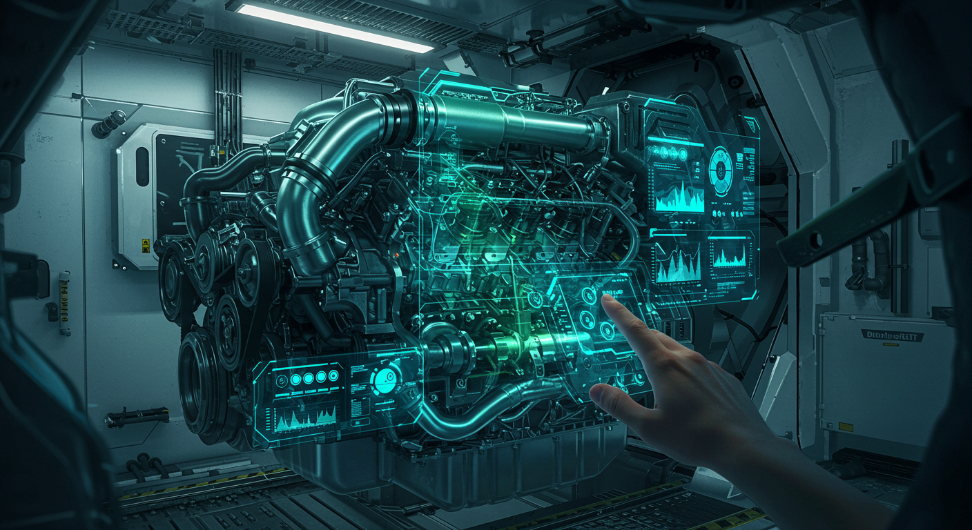 Advanced AR Engine visualization showing complex machinery with holographic overlays