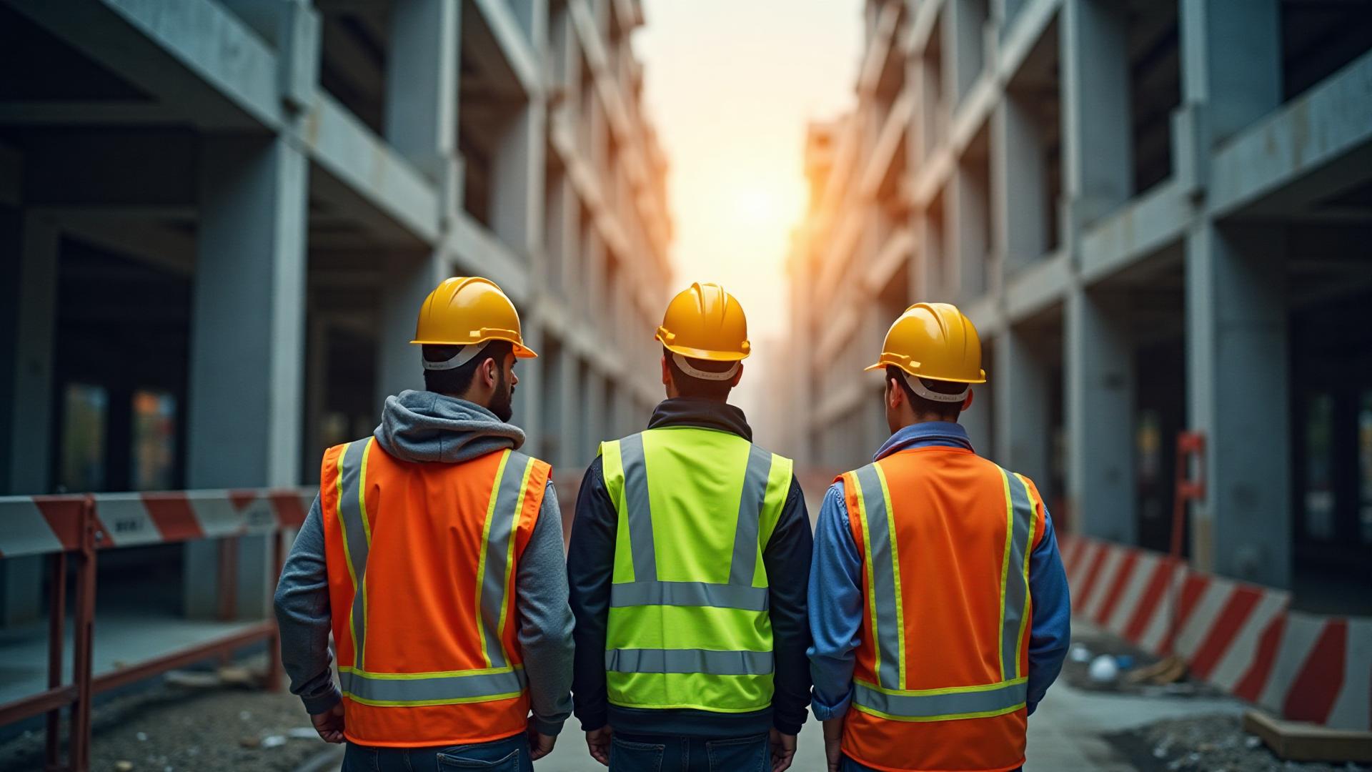 Construction workers in safety gear on UK construction site