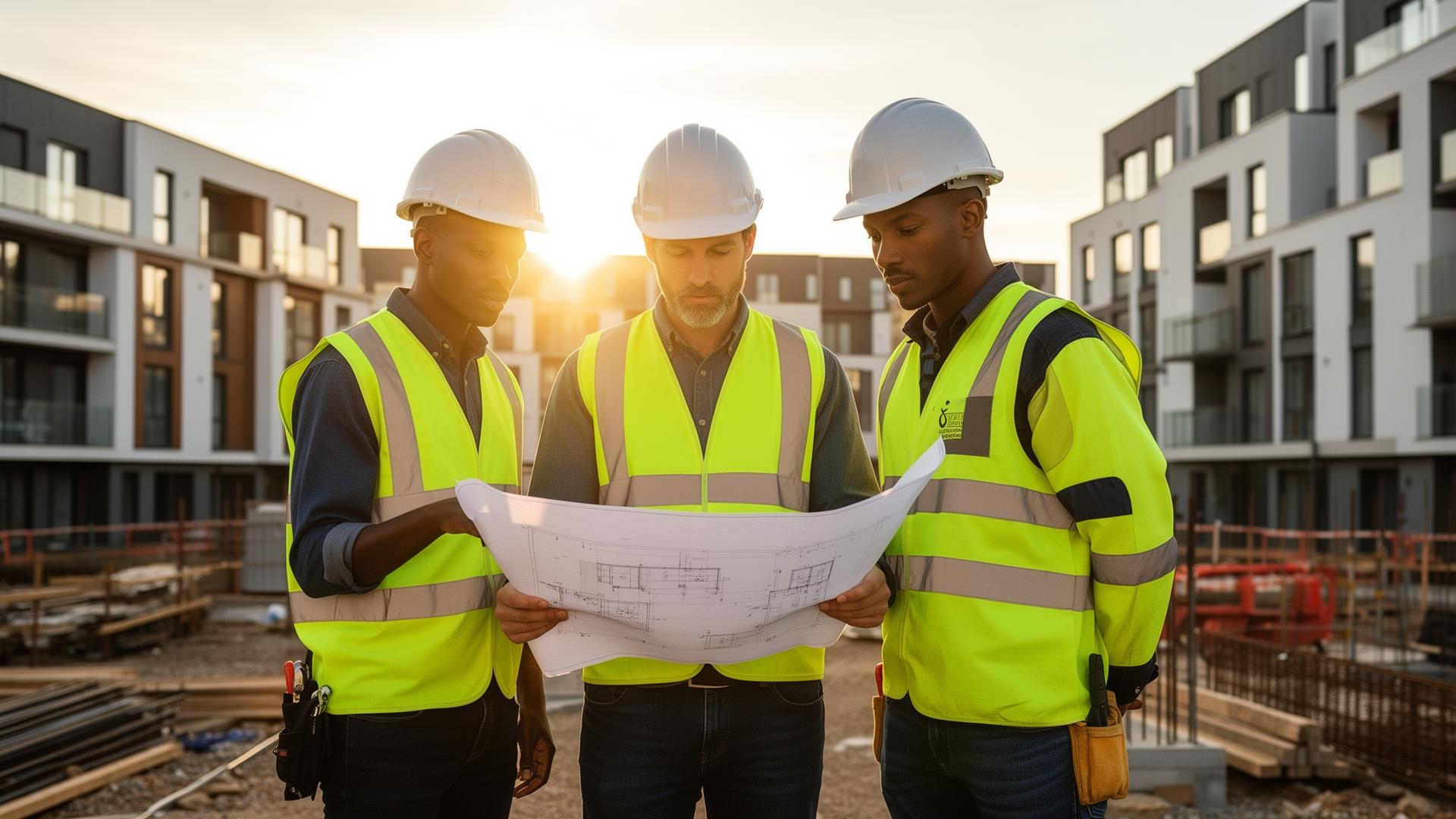 Construction workers in safety gear on UK construction site