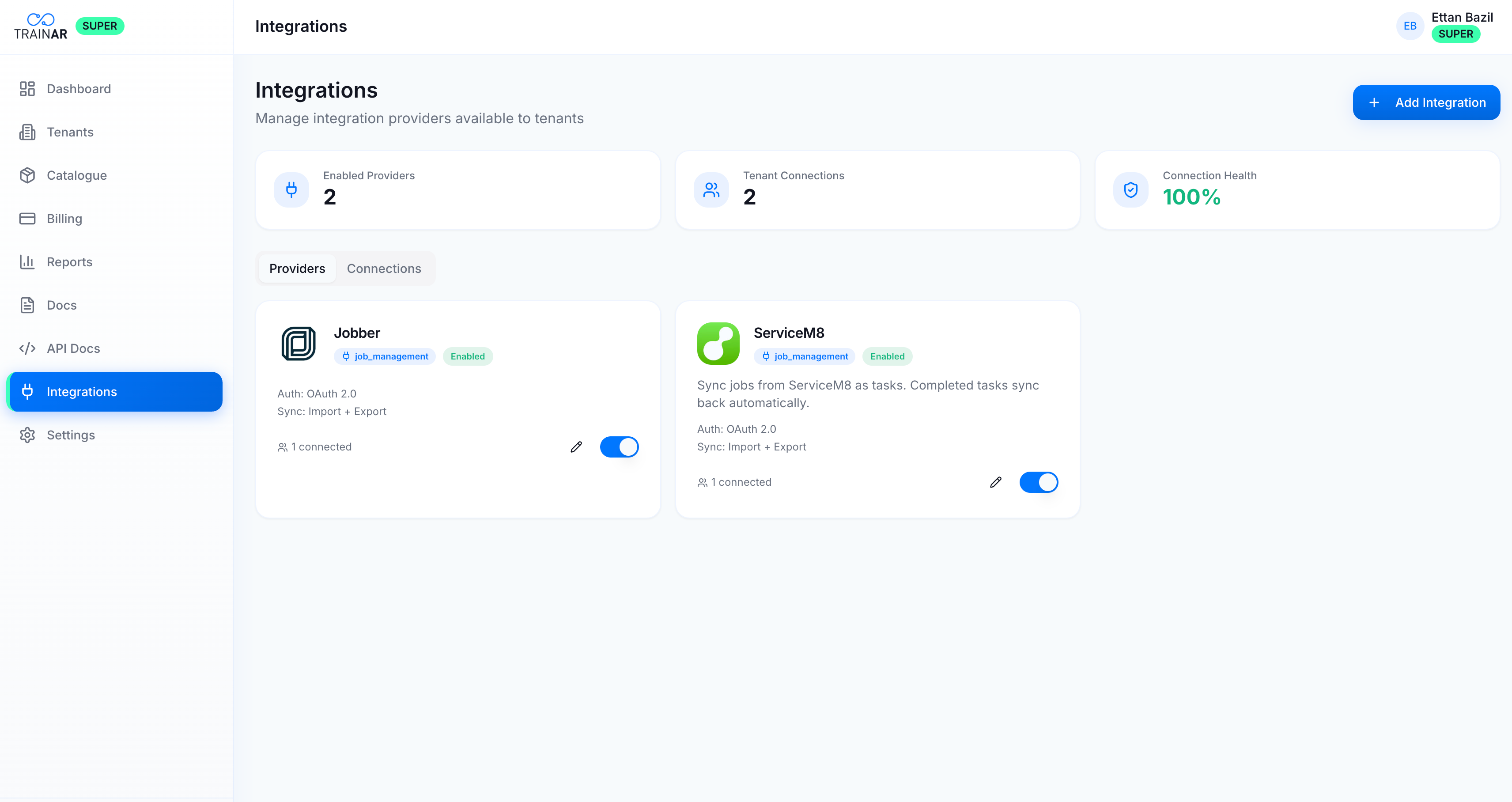 TrainAR super-admin integrations