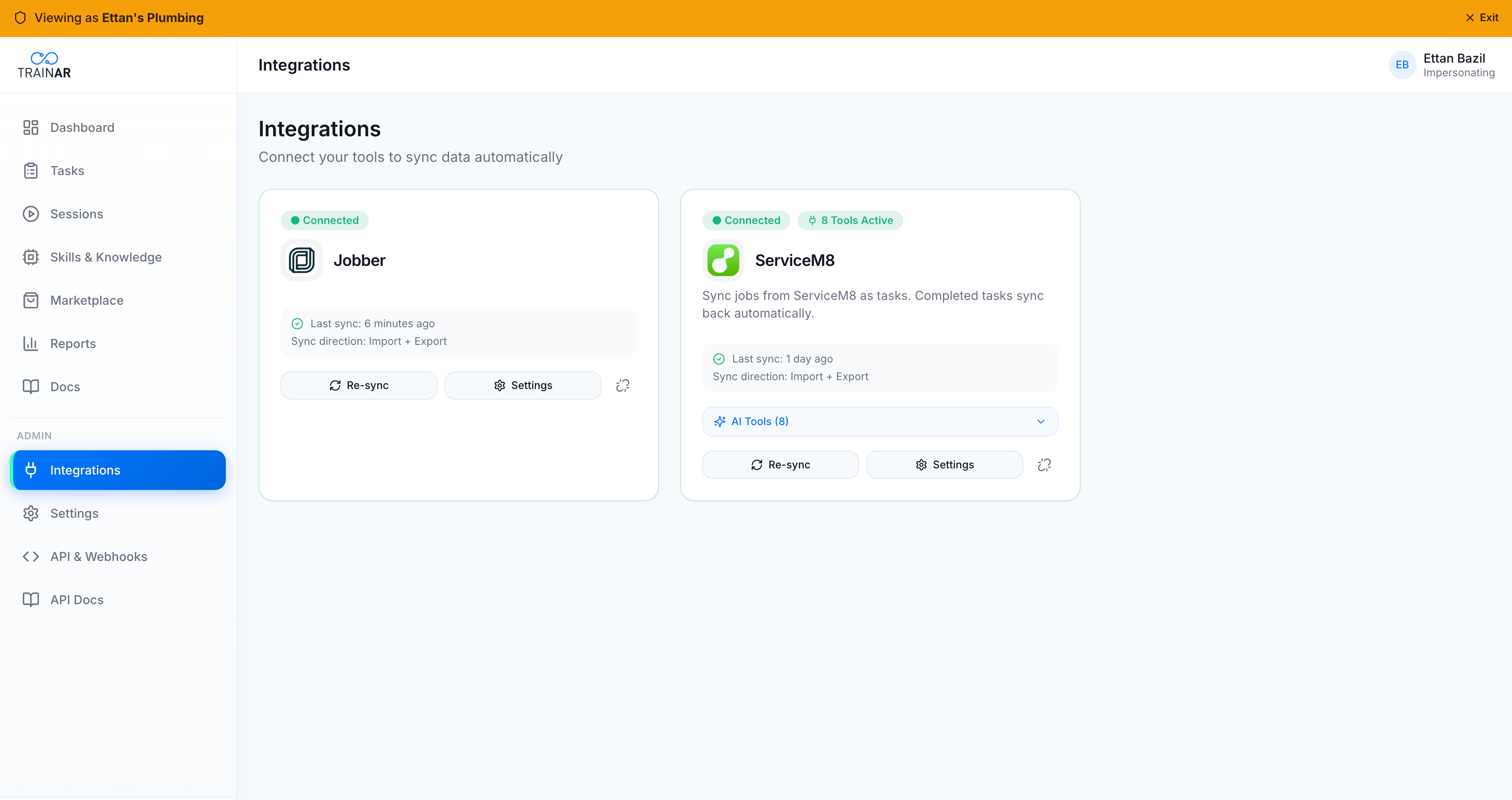 TrainAR integrations dashboard