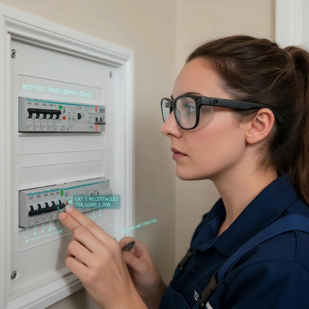 Electrician working on circuit breaker panel with AR guidance
