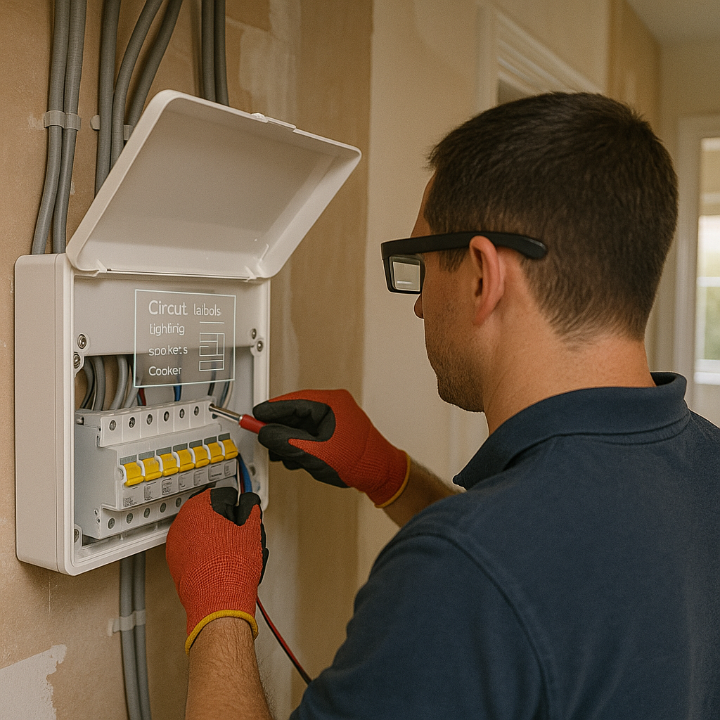 Electrician working on circuit breaker panel with AR guidance