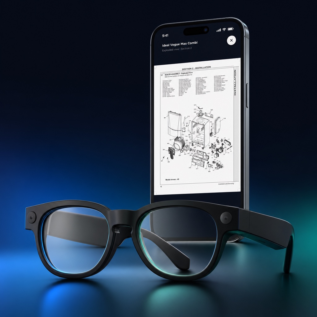 Mentra Live smart glasses beside a phone showing an exploded boiler diagram