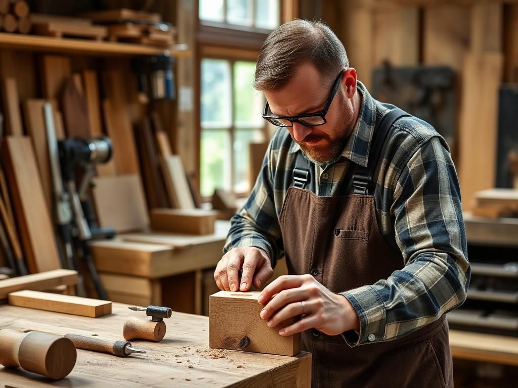 Carpenter working in workshop with precision tools