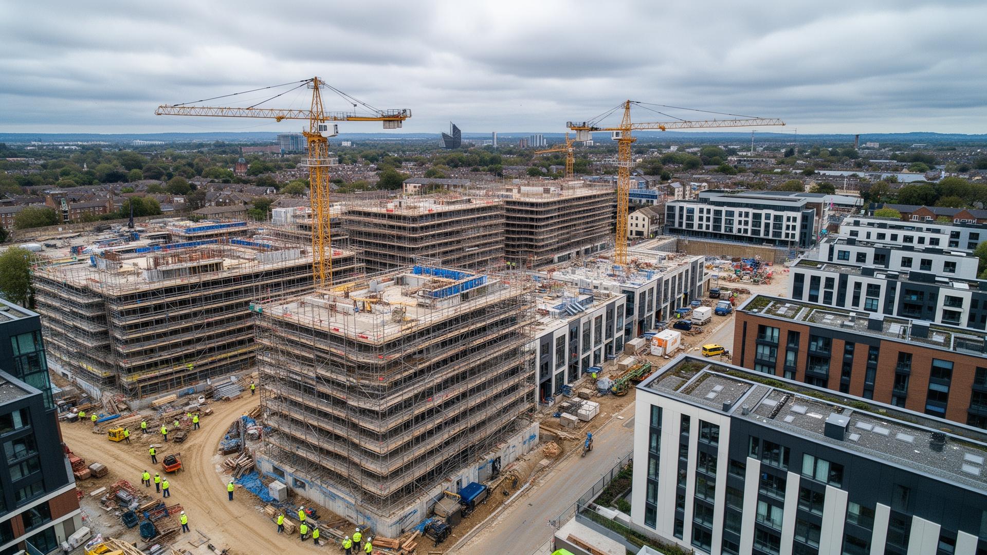 UK construction workers in safety gear discussing AR training on construction site