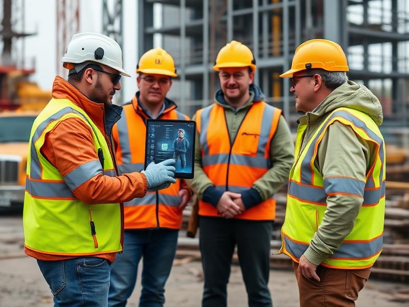 UK construction workers in safety gear discussing AR training on construction site