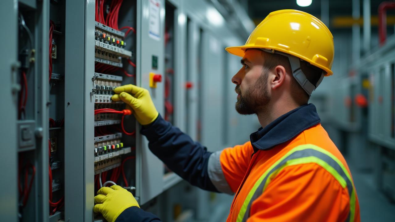 Electrician working on electrical distribution board