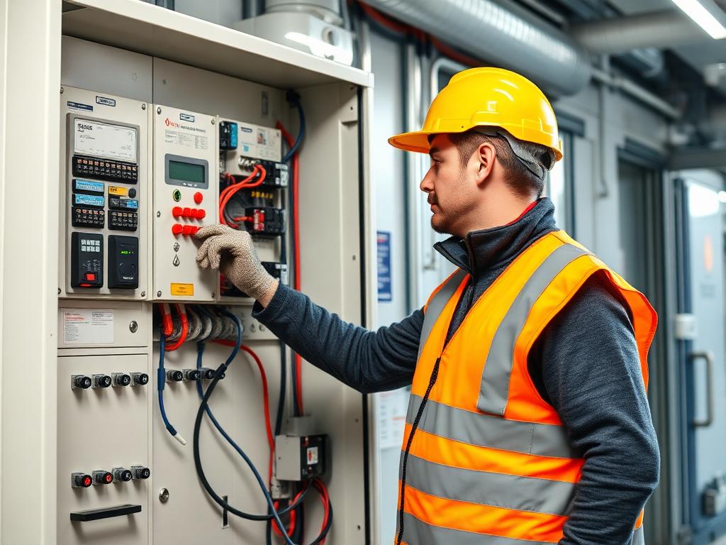 British electrician working on electrical panel installation