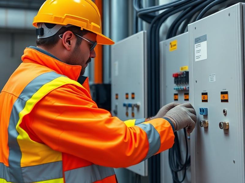 Professional electrician working on industrial electrical control panel
