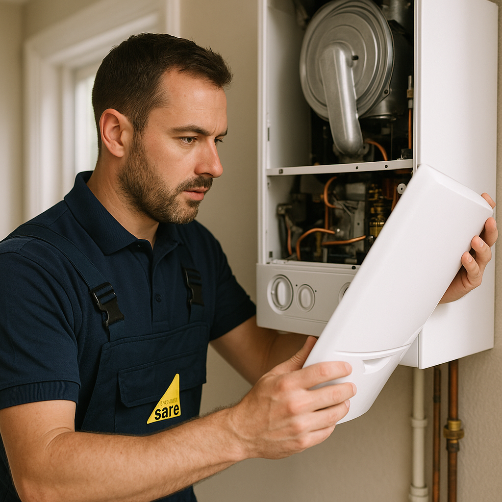 Gas Safe engineer examining heat pump installation