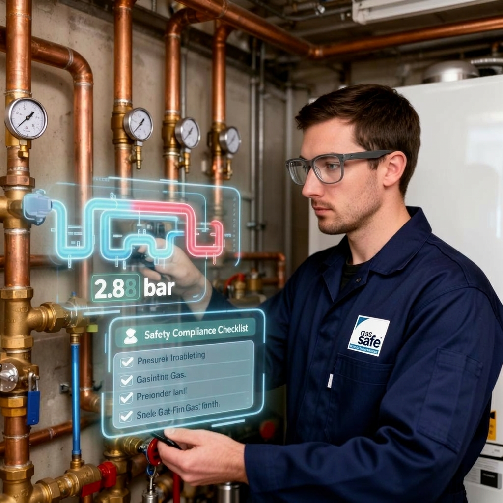 Gas Safe engineer examining heat pump installation