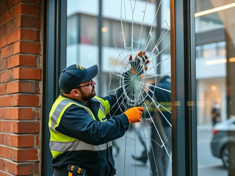 British glazier replacing broken commercial window glass