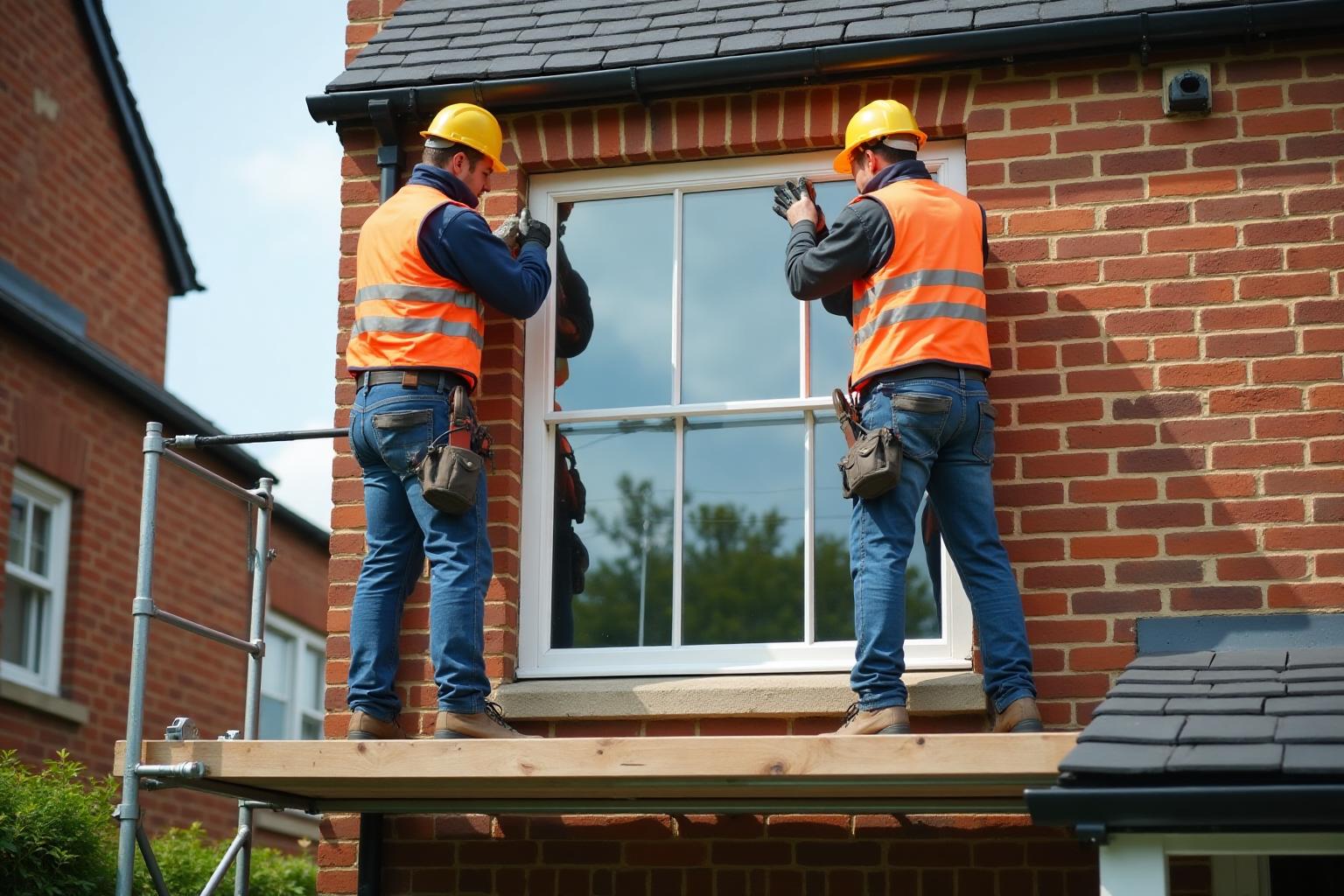 Glaziers installing window on English house