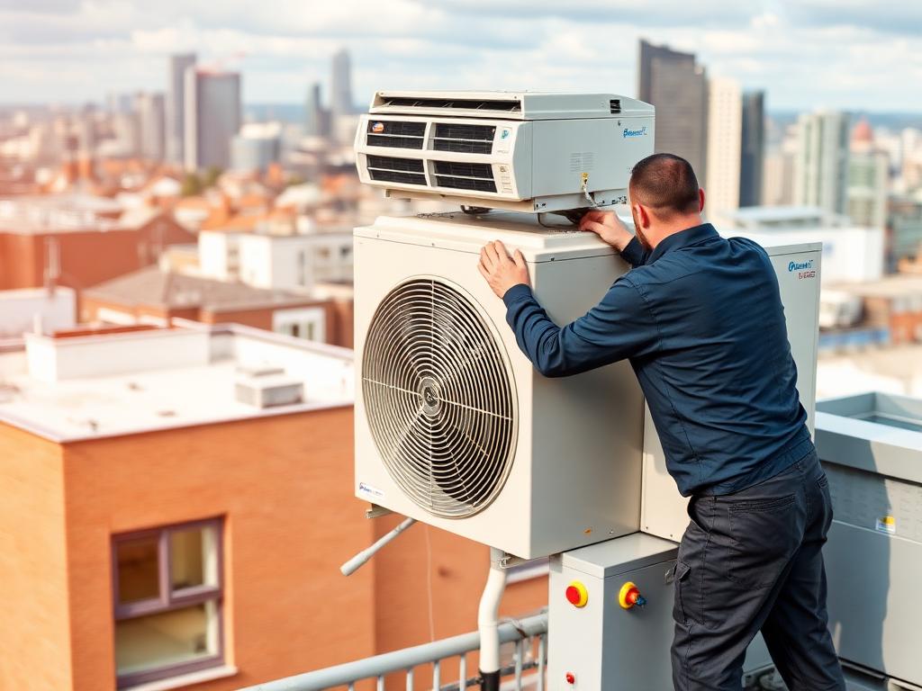 HVAC technician performing rooftop air conditioning installation